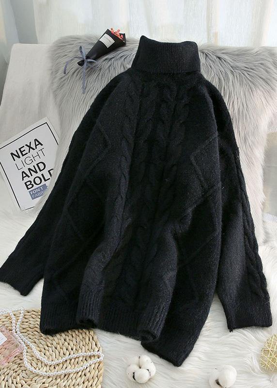 Chunky blue knit tops cable casual high neck knitwear - SooLinen