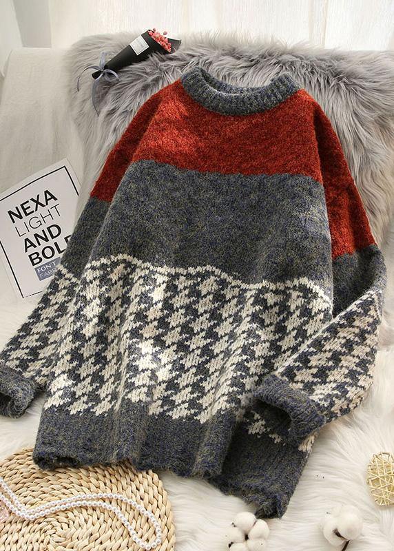 Chunky burgundy knitted t shirt o neck baggy spring knitted blouse - SooLinen