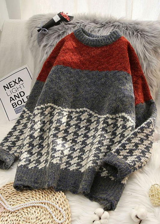 Chunky burgundy knitted t shirt o neck baggy spring knitted blouse - SooLinen