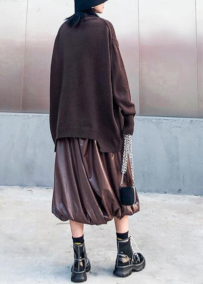 Chunky chocolate crane tops casual high neck Batwing Sleeve knitwear - SooLinen