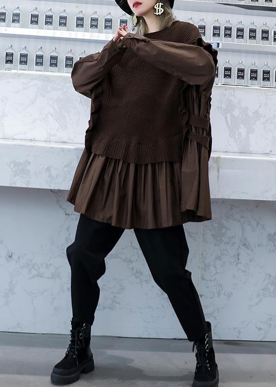 Chunky chocolate knit sweat tops fall fashion o neck false two pieces tops - SooLinen