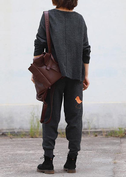 Chunky dark gray knit jacket casual v neck knitwear pockets - SooLinen