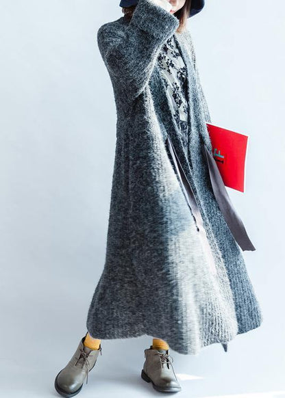 Chunky dark gray knitted outwear plus size clothing tie waist knit outwear - SooLinen