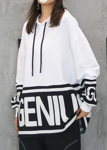 Chunky fall white Letter knit tops trendy plus size hooded top - SooLinen
