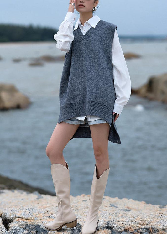 Chunky gray knit blouse  v neck low high design trendy plus size fall knit tops - SooLinen