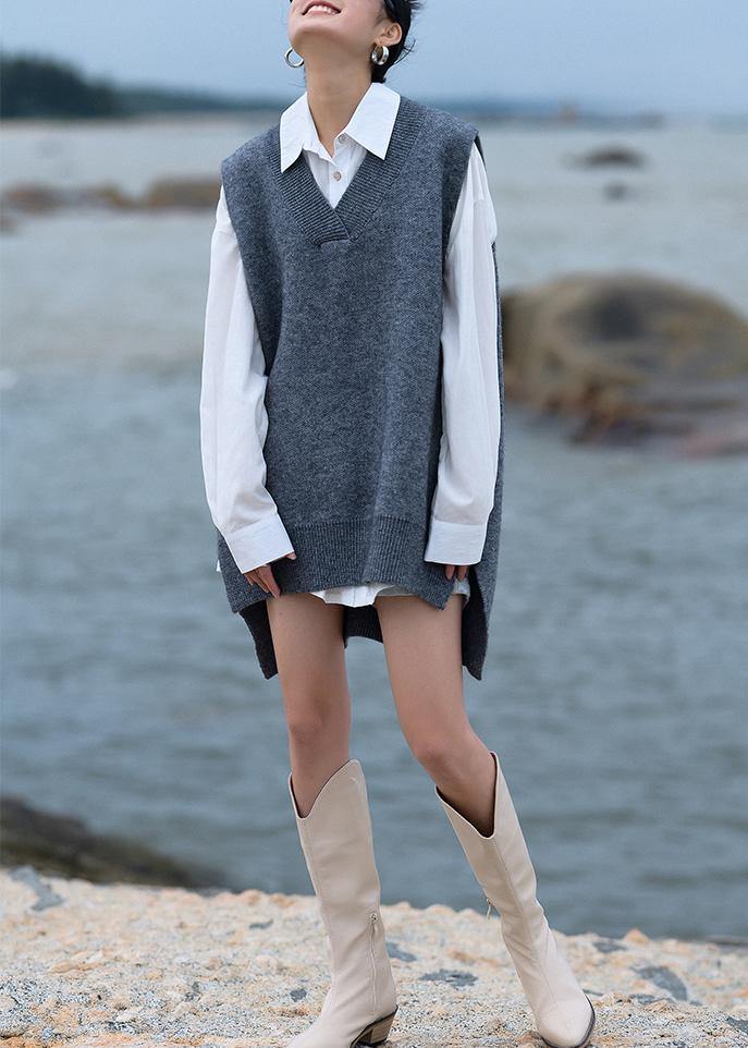 Chunky gray knit blouse  v neck low high design trendy plus size fall knit tops - SooLinen