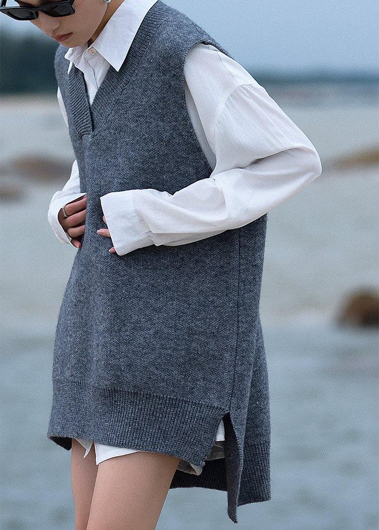 Chunky gray knit blouse  v neck low high design trendy plus size fall knit tops - SooLinen