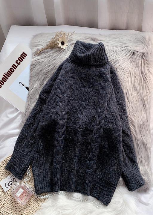 Chunky green knit blouse high neck thick oversize fall knit sweat tops - SooLinen