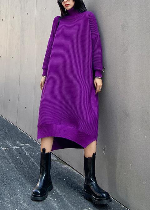 Chunky high neck low high design Sweater fall weather Upcycle purple oversized knitted dress - SooLinen