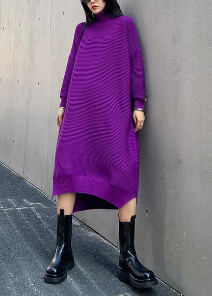 Chunky high neck low high design Sweater fall weather Upcycle purple oversized knitted dress - SooLinen