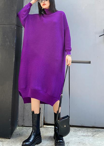 Chunky high neck low high design Sweater fall weather Upcycle purple oversized knitted dress - SooLinen