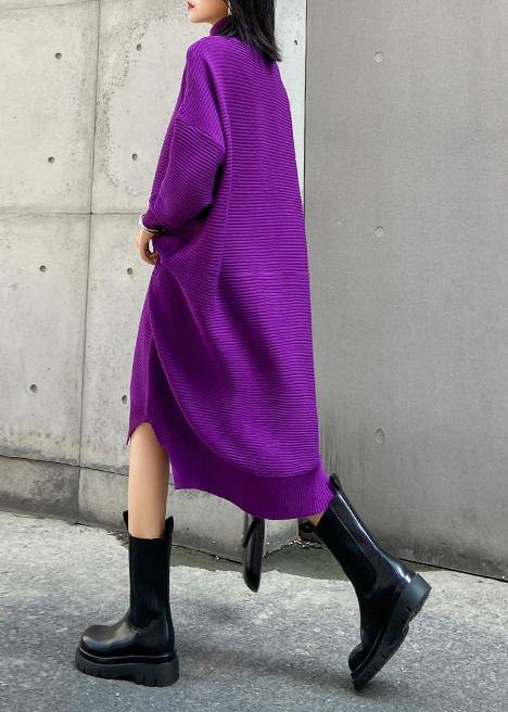 Chunky high neck low high design Sweater fall weather Upcycle purple oversized knitted dress - SooLinen