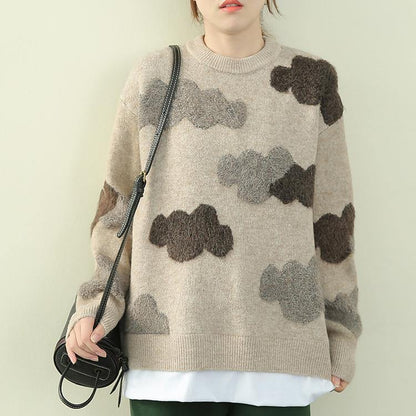 Chunky khaki Cloud Knit top silhouette o neck false two pieces knit tops - SooLinen