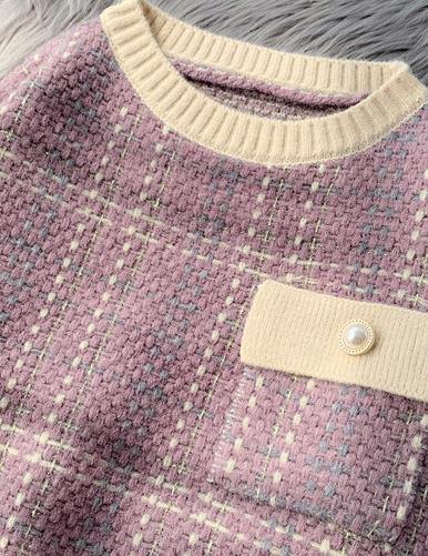 Chunky light purple plaid knitted blouse plus size o neck patchwork top - SooLinen