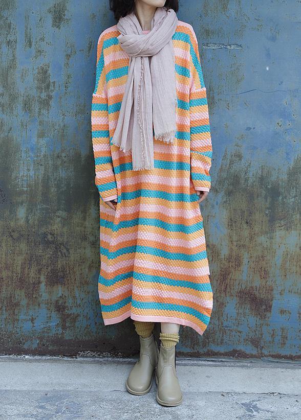 Chunky o neck Sweater side open dress outfit plus size striped baggy knitted tops - SooLinen