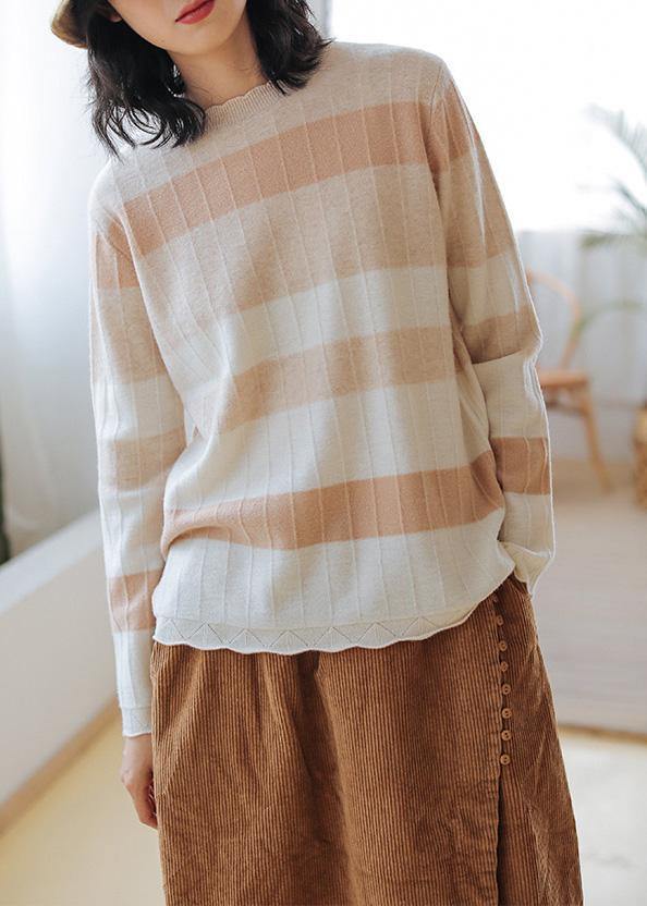 Chunky striped sweaters plus size o neck long sleeve top - SooLinen