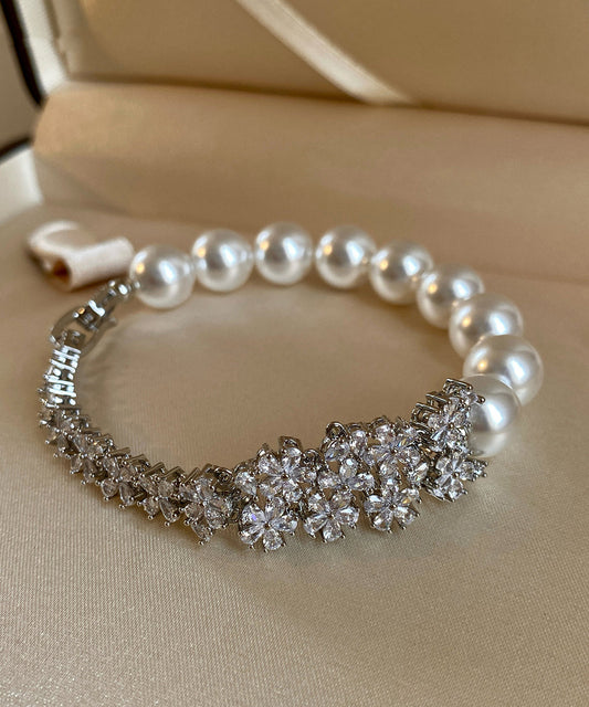 Classic Silver Blossoms Zircon Pearl Bracelet