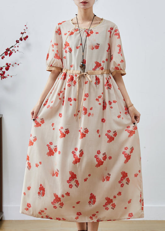 Edle Apricot Cinched Print Baumwollkleider Sommer