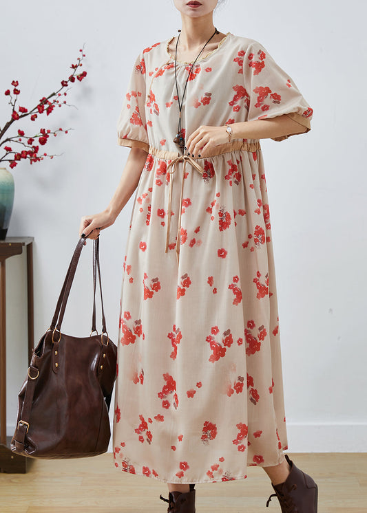 Edle Apricot Cinched Print Baumwollkleider Sommer