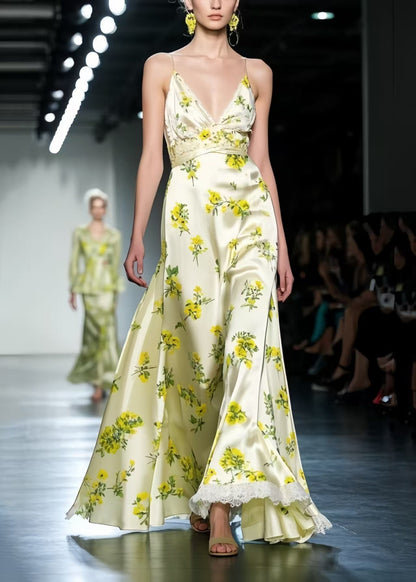 Classy Apricot Print Exra Large Hem Silk Vestidos Dress Summer