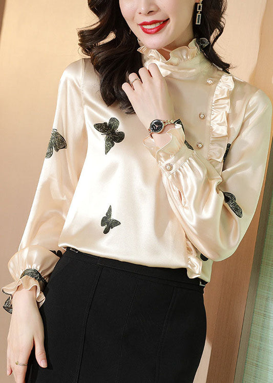 Edles Apricot Stehkragen Knopf Rüschendruck Seidentop Frühling