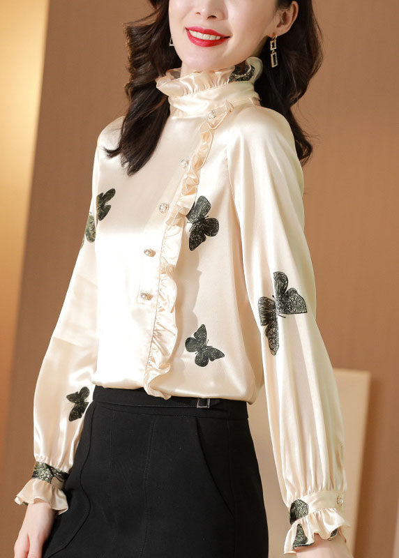 Edles Apricot Stehkragen Knopf Rüschendruck Seidentop Frühling