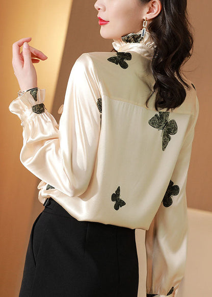 Edles Apricot Stehkragen Knopf Rüschendruck Seidentop Frühling