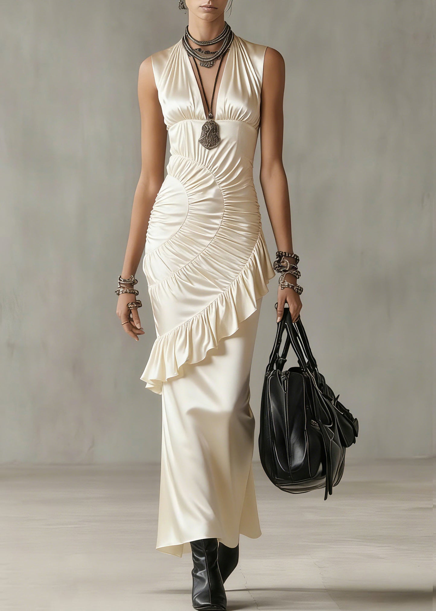 Classy Apricot V Neck Ruffled Wrinkled Long Dresses Summer