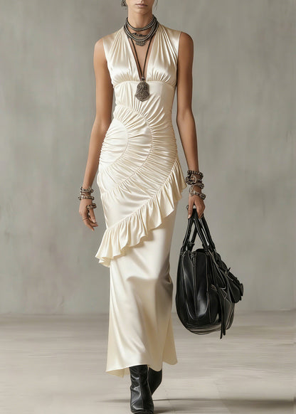 Classy Apricot V Neck Ruffled Wrinkled Long Dresses Summer