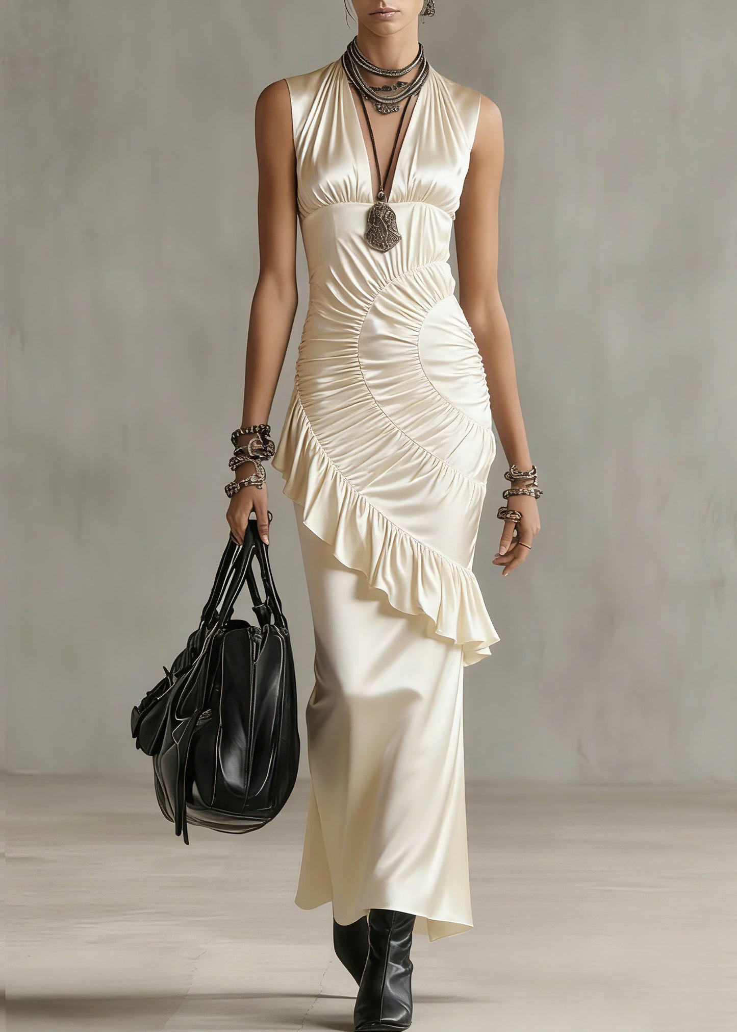 Classy Apricot V Neck Ruffled Wrinkled Long Dresses Summer