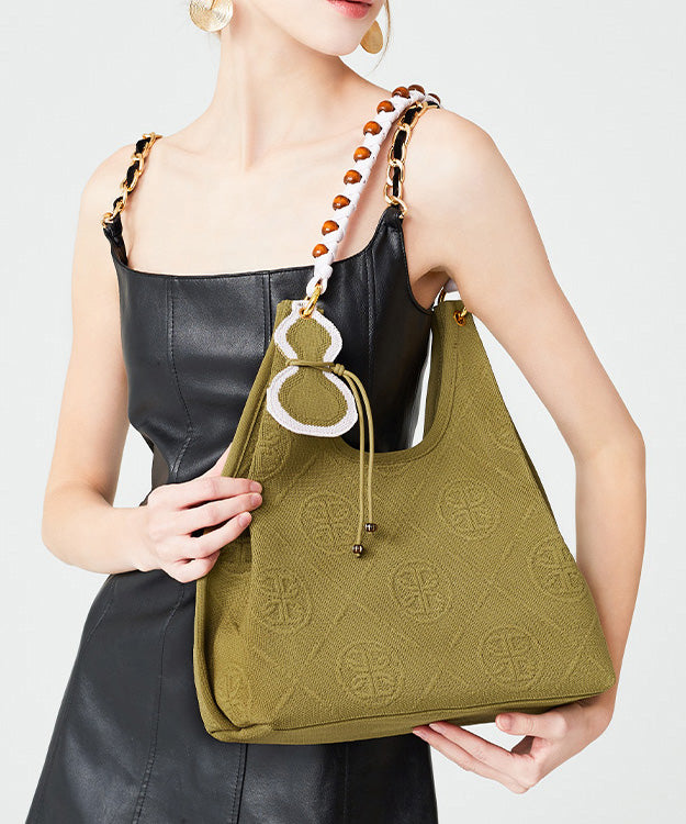Classy Army Green Jacquard Tasseled Cotton Women Shoulder Bags