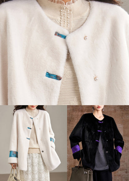 Eleganter beigefarbener Patchwork-Mantel aus Leder und Pelz mit Rundhalsausschnitt für den Winter