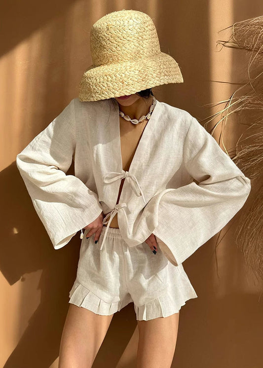 Classy Beige Oversized Lace Up 2 Piece Outfit Summer