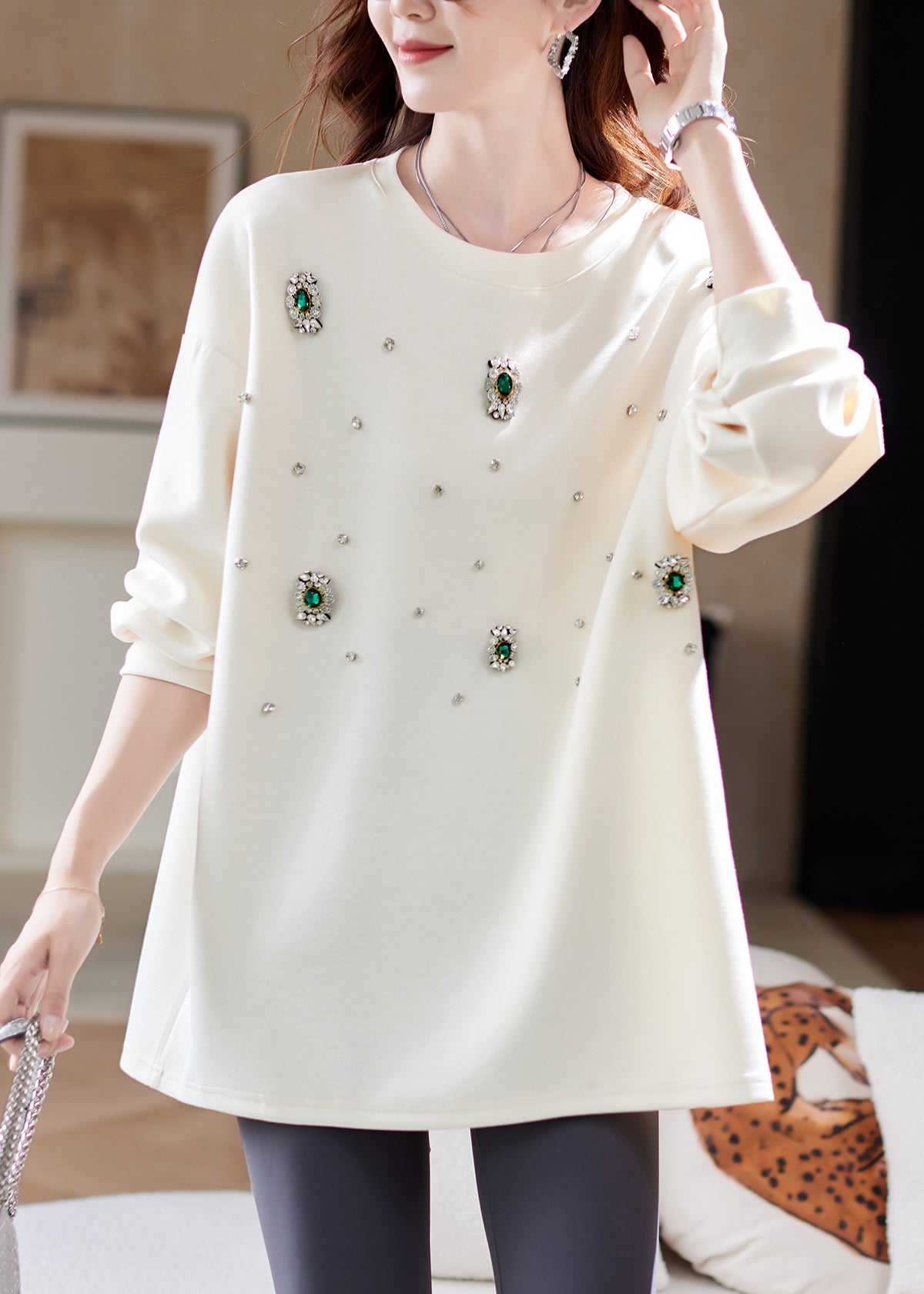 Classy Beige Patchwork Zircon Tops Lantern Sleeve