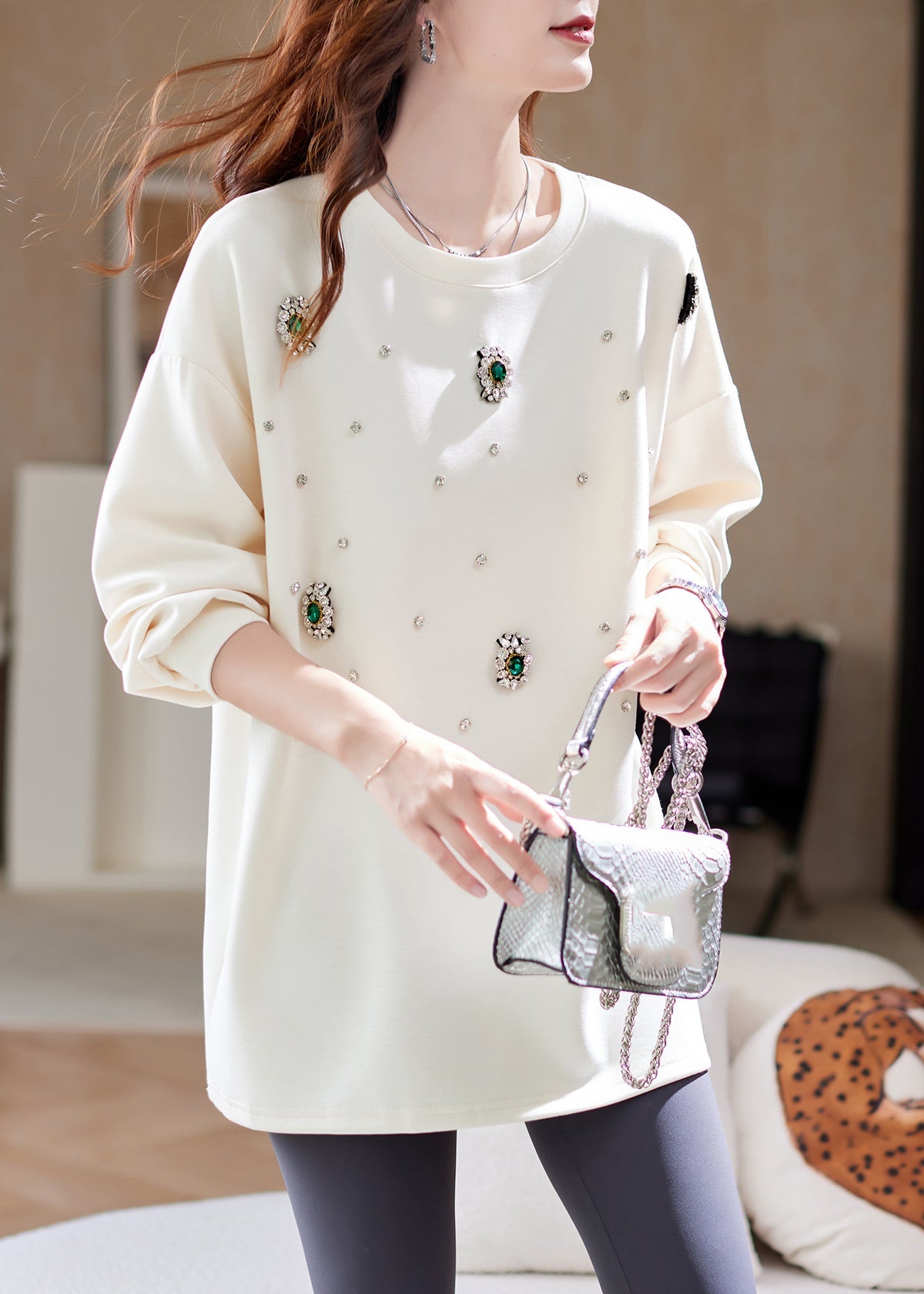 Classy Beige Patchwork Zircon Tops Lantern Sleeve