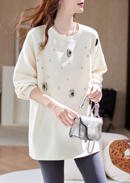 Classy Beige Patchwork Zircon Tops Lantern Sleeve