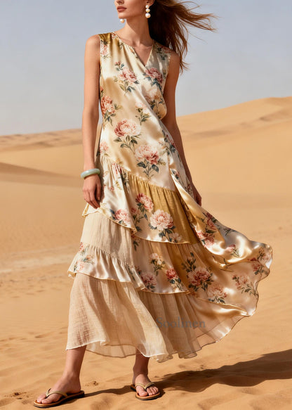 Classy Beige Ruffled Patchwork Print Silk Vacation Dresses Summer