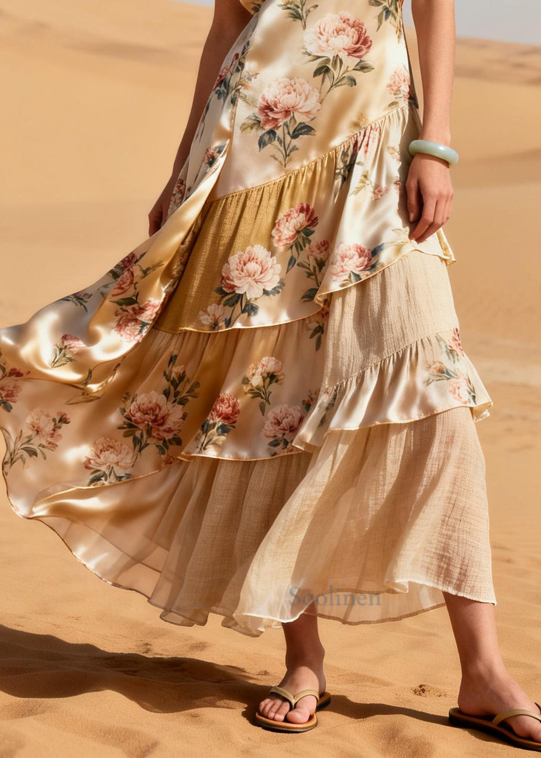 Classy Beige Ruffled Patchwork Print Silk Vacation Dresses Summer