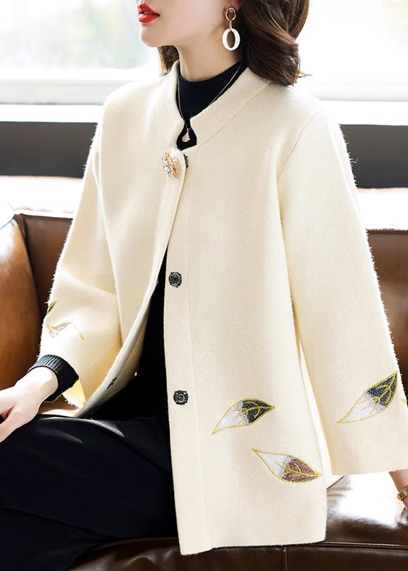 Classy Beige Stand Collar Patchwork Embroidered Woolen Coat Spring