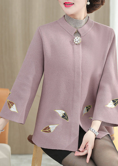 Classy Beige Stand Collar Patchwork Embroidered Woolen Coat Spring