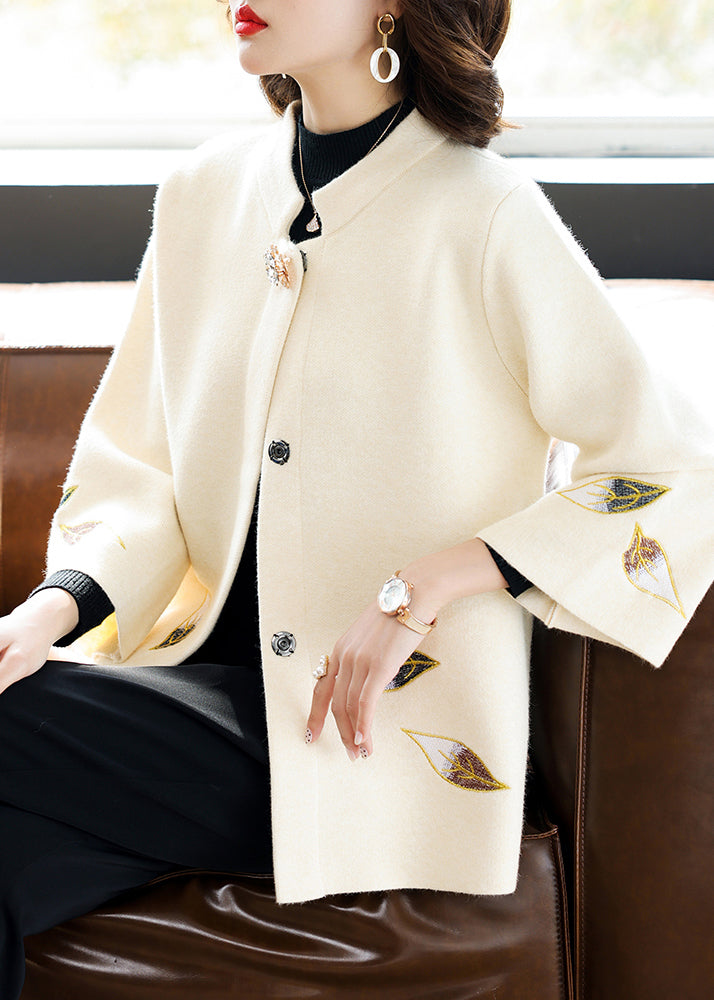 Classy Beige Stand Collar Patchwork Embroidered Woolen Coat Spring