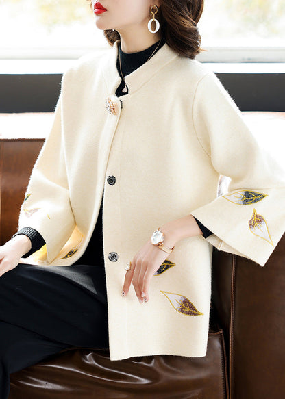 Classy Beige Stand Collar Patchwork Embroidered Woolen Coat Spring