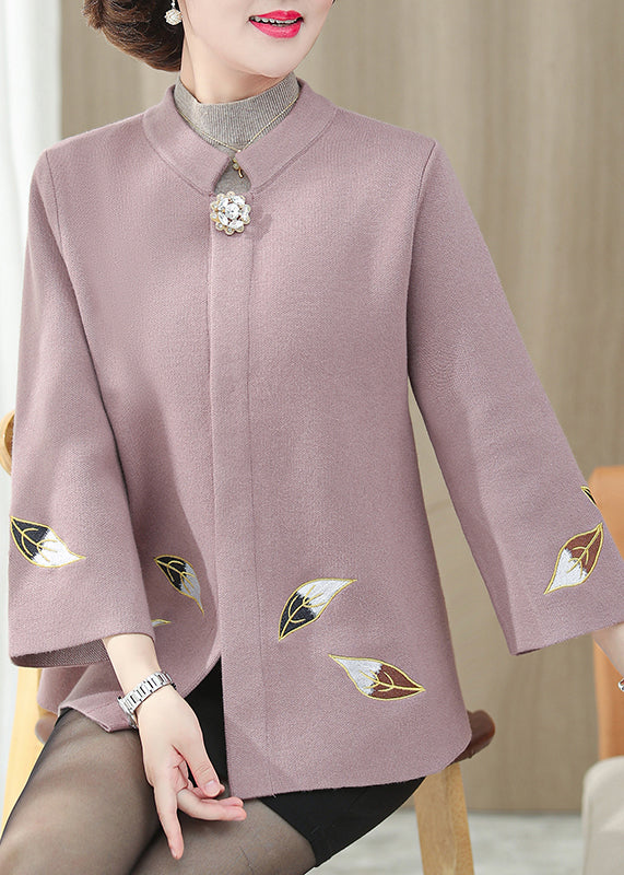 Classy Beige Stand Collar Patchwork Embroidered Woolen Coat Spring
