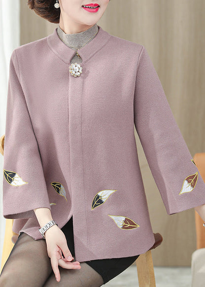 Classy Beige Stand Collar Patchwork Embroidered Woolen Coat Spring