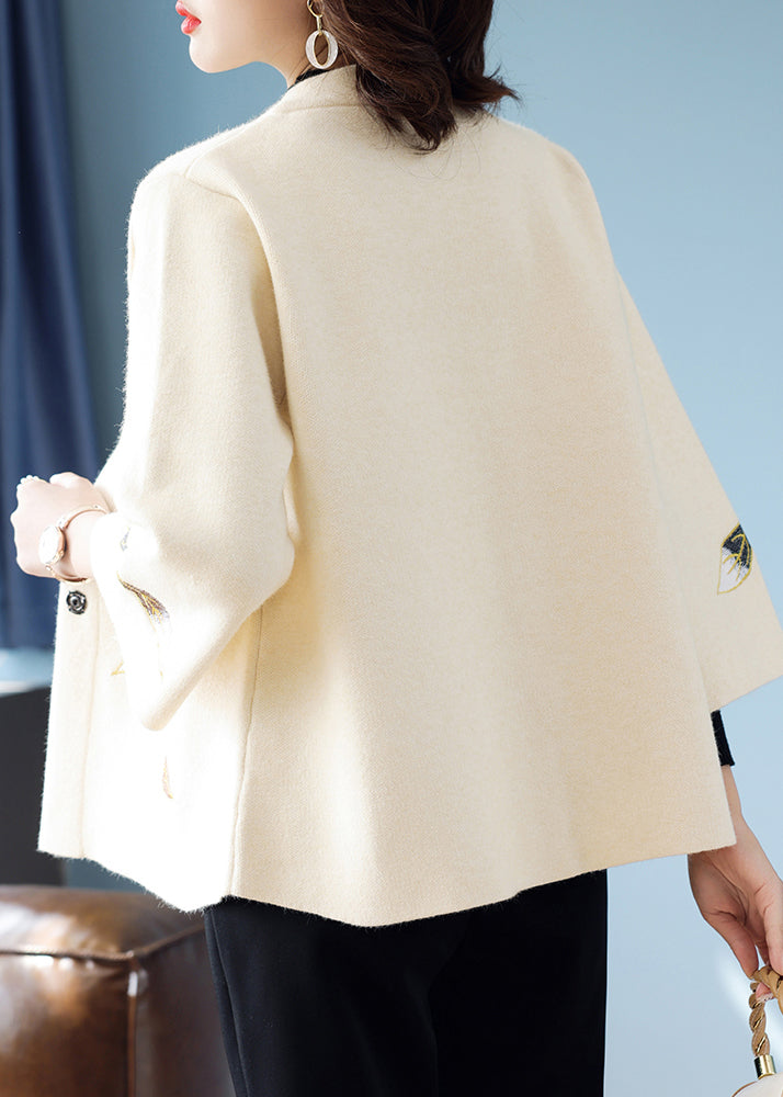 Classy Beige Stand Collar Patchwork Embroidered Woolen Coat Spring