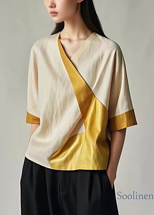 Edle beige Patchwork-Oberteile aus Baumwolle mit V-Ausschnitt und halben Ärmeln