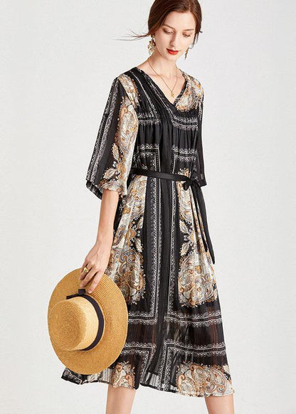 Classy Black Apricot V Neck Print Fall Chiffon Party Dresses Half Sleeve - SooLinen