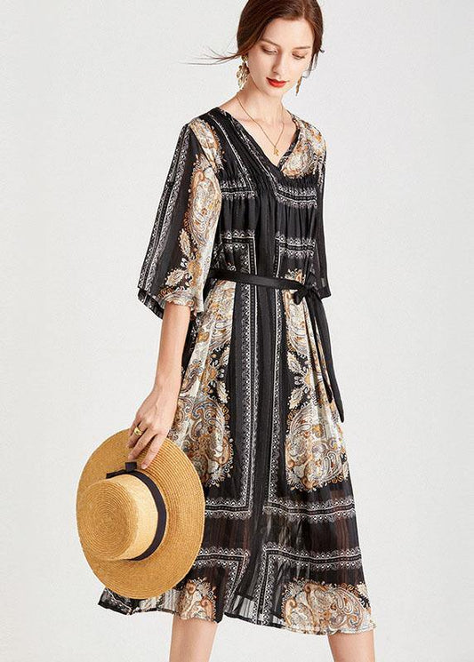 Classy Black Apricot V Neck Print Fall Chiffon Party Dresses Half Sleeve - SooLinen