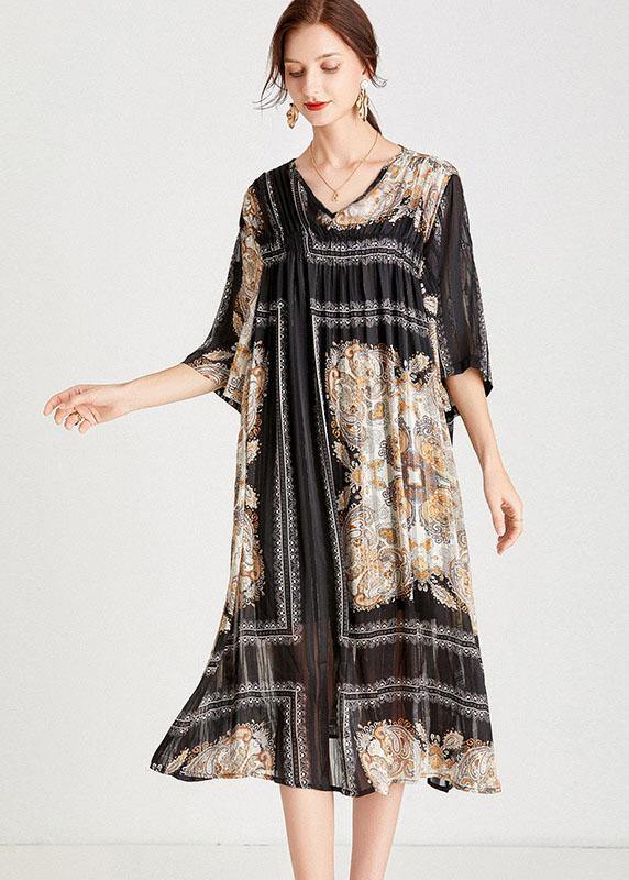 Classy Black Apricot V Neck Print Fall Chiffon Party Dresses Half Sleeve - SooLinen