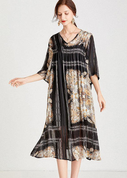 Classy Black Apricot V Neck Print Fall Chiffon Party Dresses Half Sleeve - SooLinen